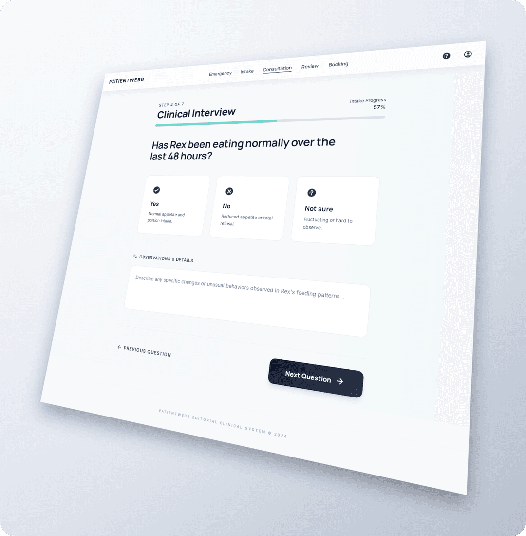 Vetdux AI-led clinical interview screen