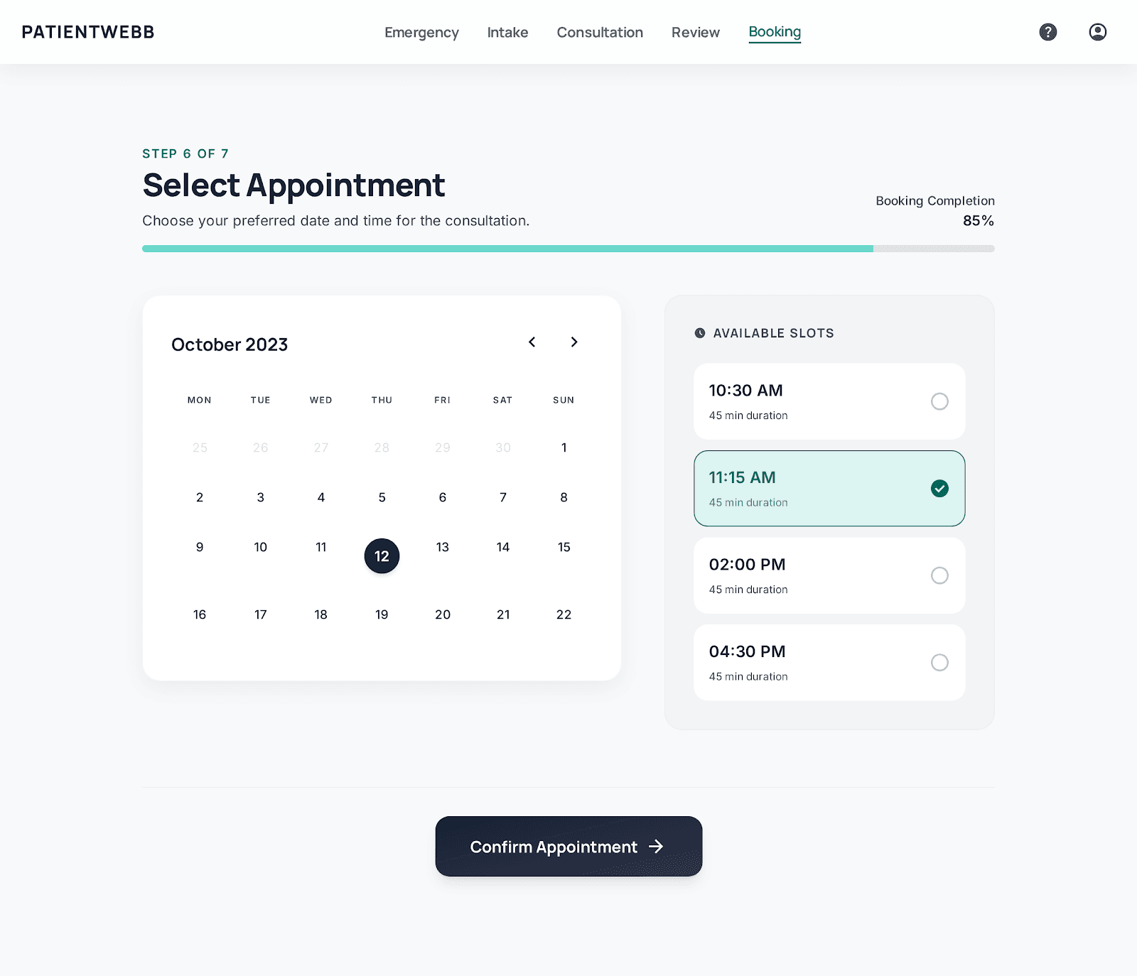Vetdux appointment booking screen with calendar and available time slots