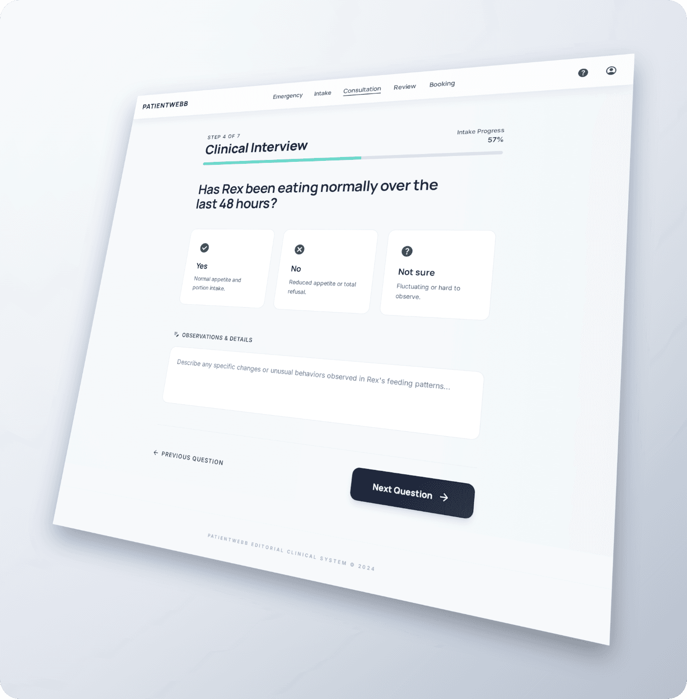 Vetdux AI-led clinical interview screen in perspective view