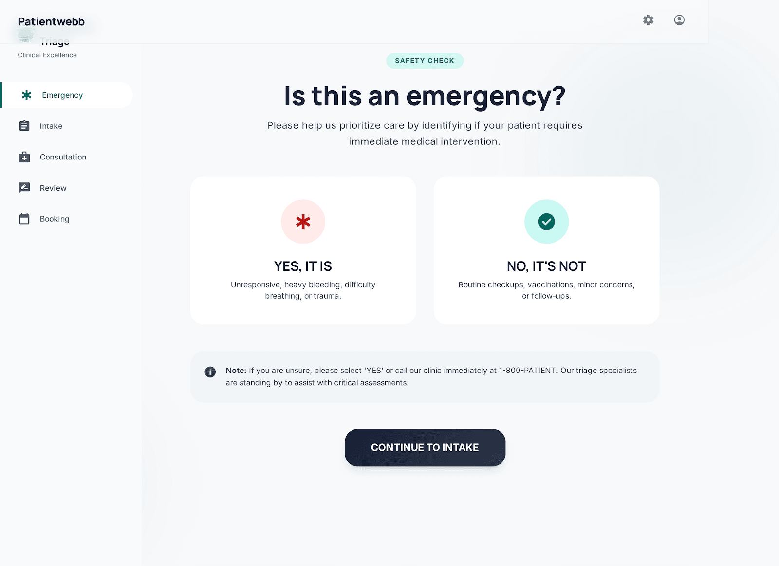 Vetdux safety check screen asking whether the visit is an emergency